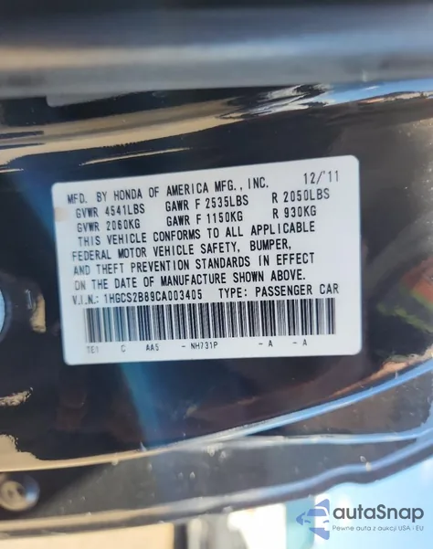 2012 Honda Accord Exl z USA, uszkodzony, nr VIN 1HGCS2B89CA003405